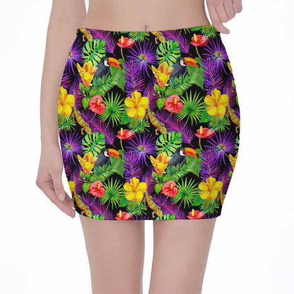 Dark Hawaiian Tropical Pattern Print Pencil Mini Skirt
