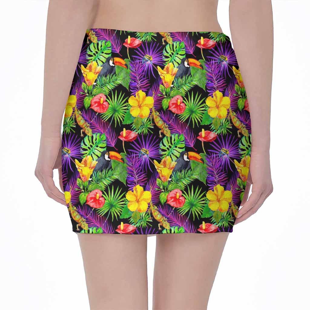 Dark Hawaiian Tropical Pattern Print Pencil Mini Skirt