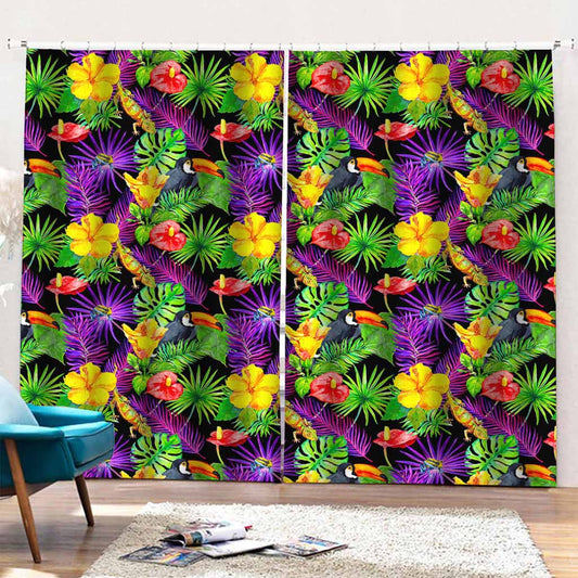 Dark Hawaiian Tropical Pattern Print Pencil Pleat Curtains