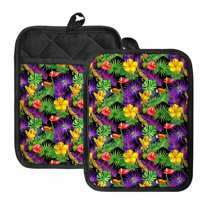 Dark Hawaiian Tropical Pattern Print Pot Holders With Pocket