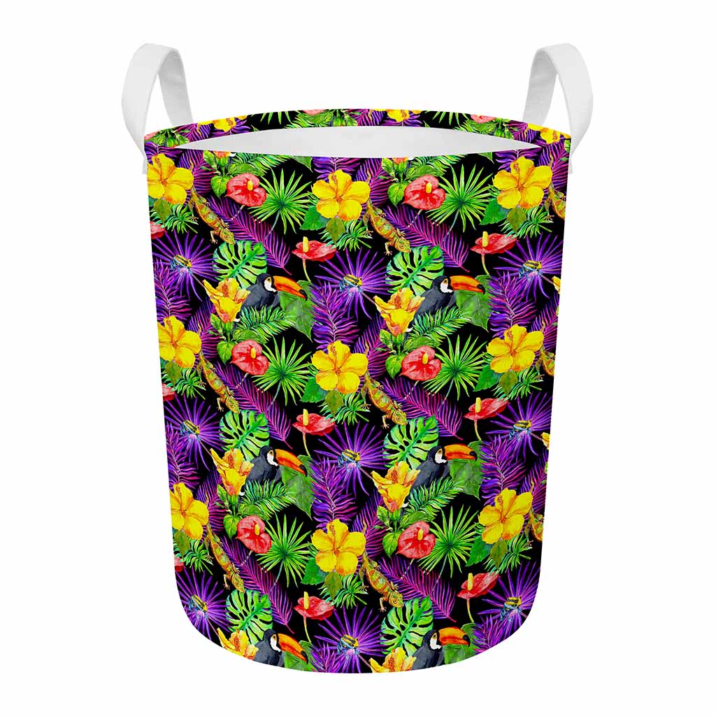 Dark Hawaiian Tropical Pattern Print Round Laundry Basket