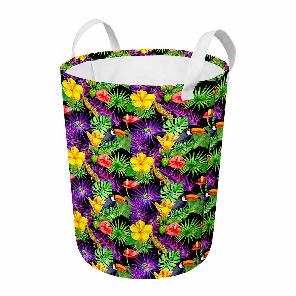 Dark Hawaiian Tropical Pattern Print Round Laundry Basket