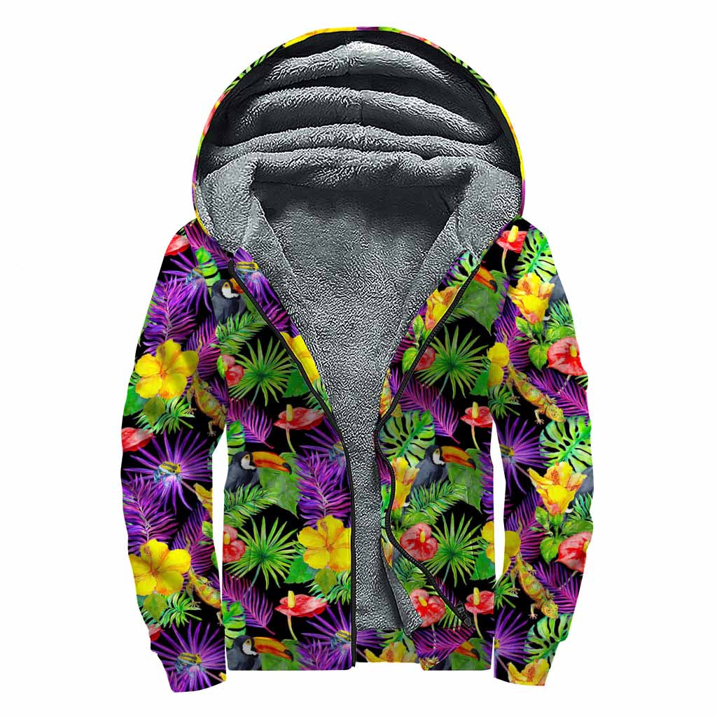 Dark Hawaiian Tropical Pattern Print Sherpa Lined Zip Up Hoodie