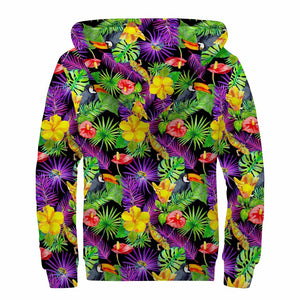 Dark Hawaiian Tropical Pattern Print Sherpa Lined Zip Up Hoodie