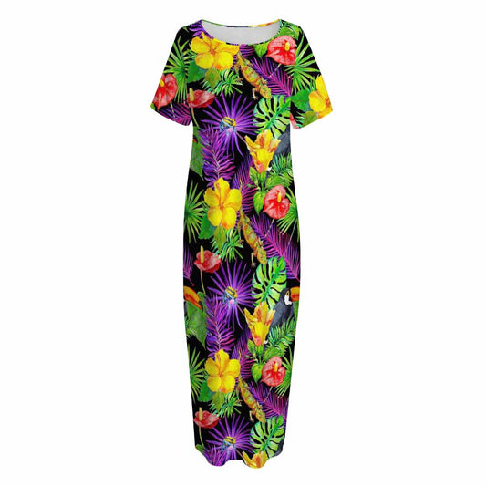 Dark Hawaiian Tropical Pattern Print Short Sleeve Long Nightdress