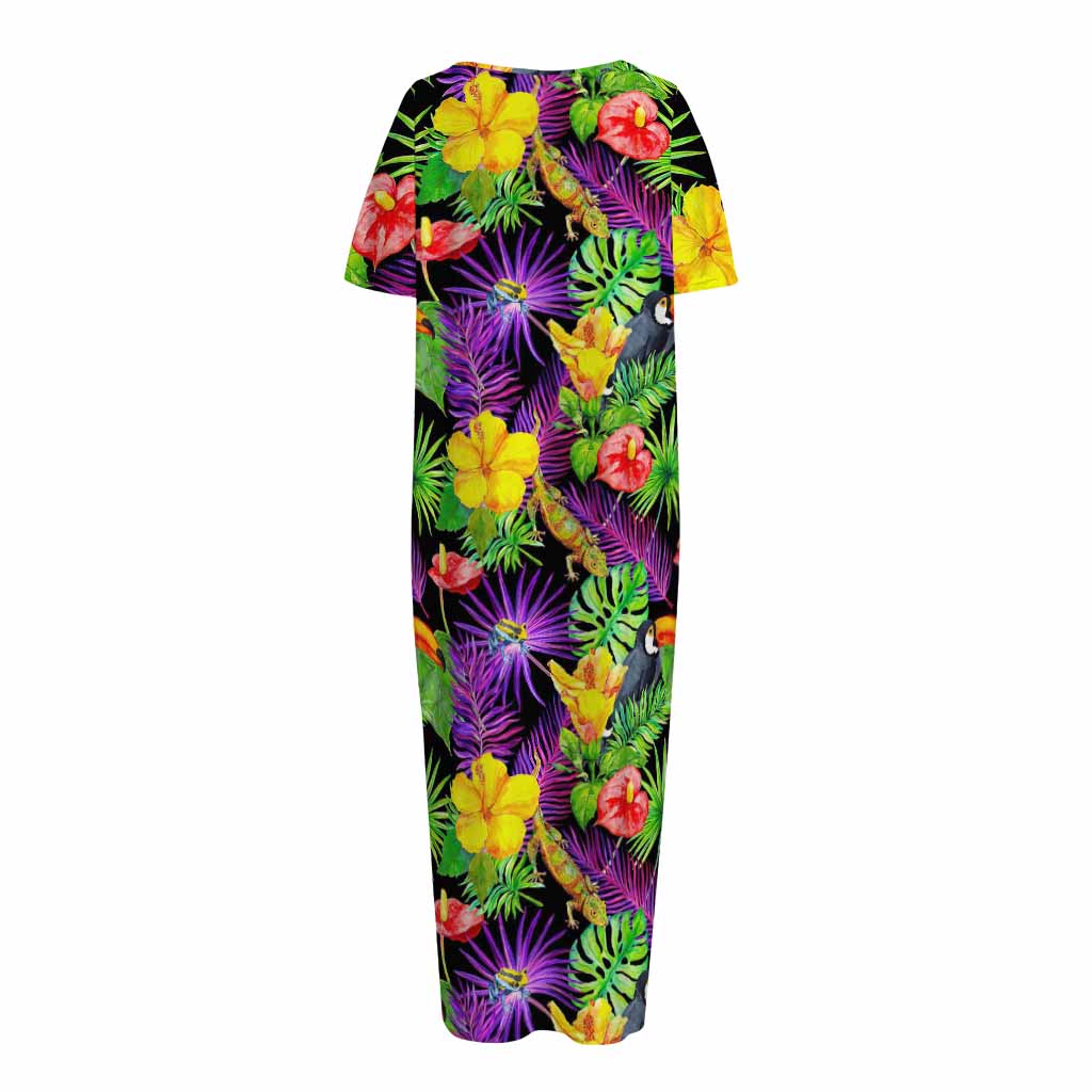 Dark Hawaiian Tropical Pattern Print Short Sleeve Long Nightdress