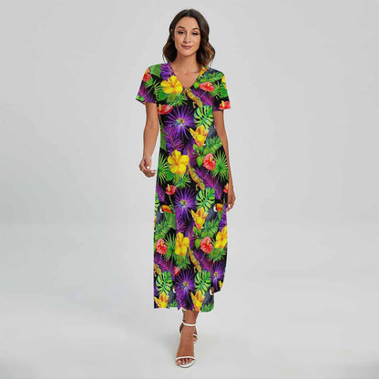 Dark Hawaiian Tropical Pattern Print Short Sleeve Maxi Dress