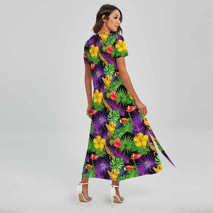 Dark Hawaiian Tropical Pattern Print Short Sleeve Maxi Dress