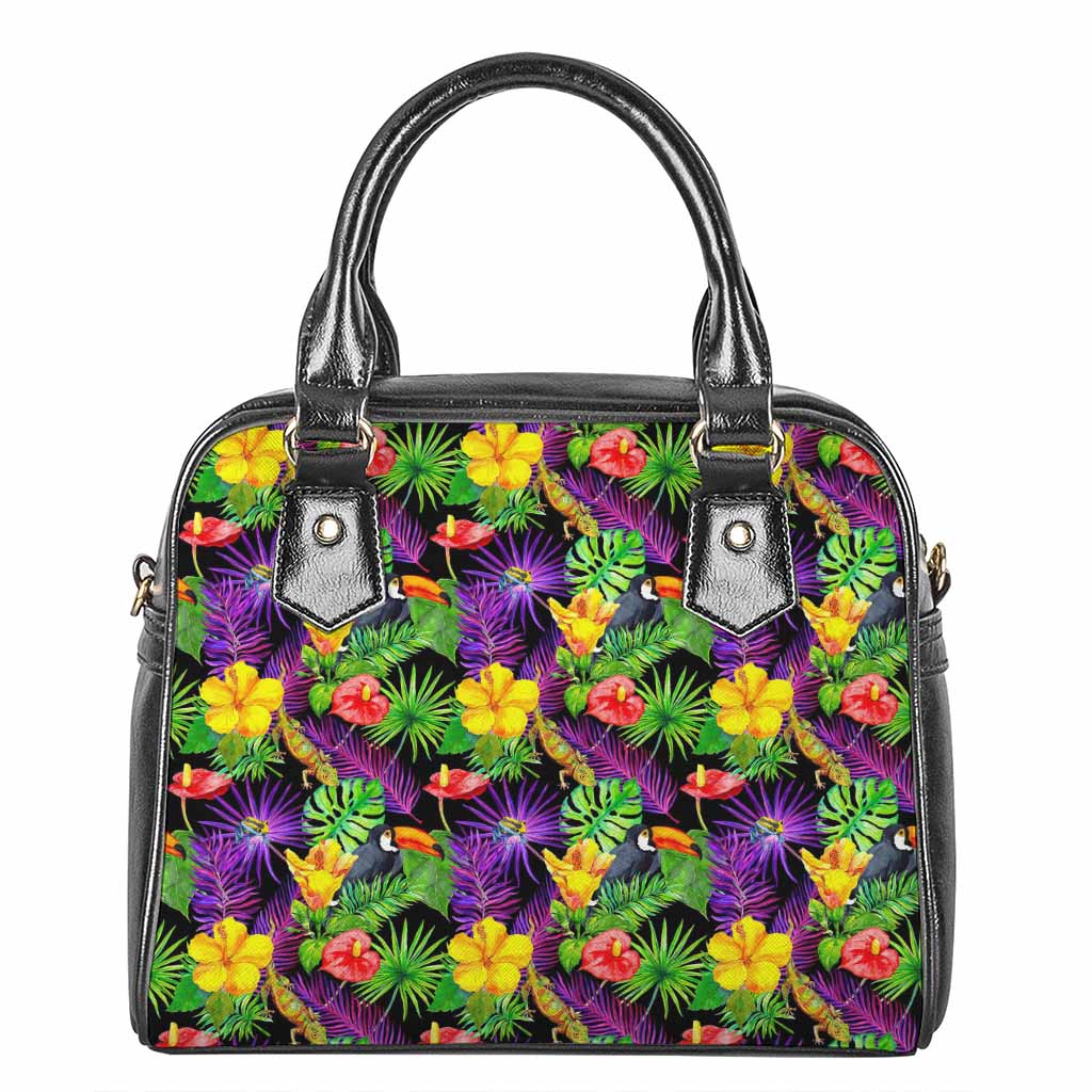 Dark Hawaiian Tropical Pattern Print Shoulder Handbag