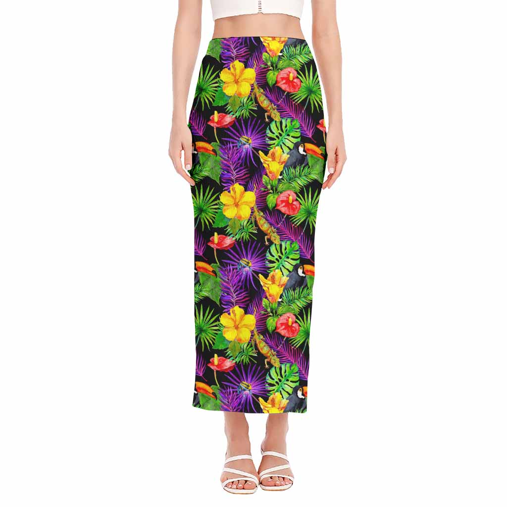 Dark Hawaiian Tropical Pattern Print Side Slit Maxi Skirt