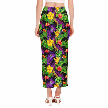 Dark Hawaiian Tropical Pattern Print Side Slit Maxi Skirt