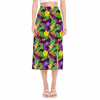 Dark Hawaiian Tropical Pattern Print Side Slit Midi Skirt