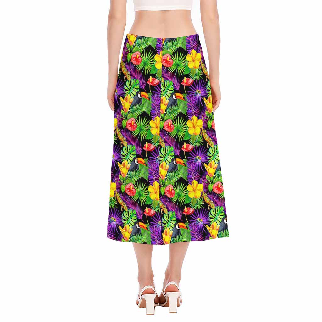 Dark Hawaiian Tropical Pattern Print Side Slit Midi Skirt