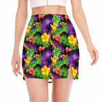 Dark Hawaiian Tropical Pattern Print Side Slit Mini Skirt