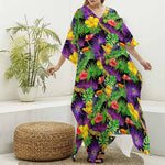 Dark Hawaiian Tropical Pattern Print Silk V-Neck Kaftan Dress