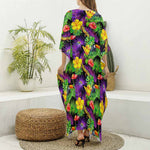 Dark Hawaiian Tropical Pattern Print Silk V-Neck Kaftan Dress