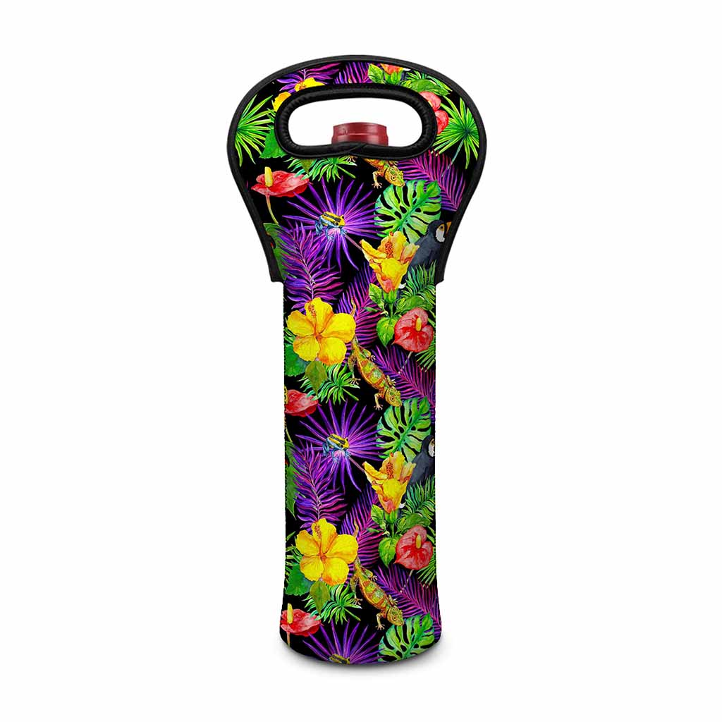 Dark Hawaiian Tropical Pattern Print Single Neoprene Wine Tote