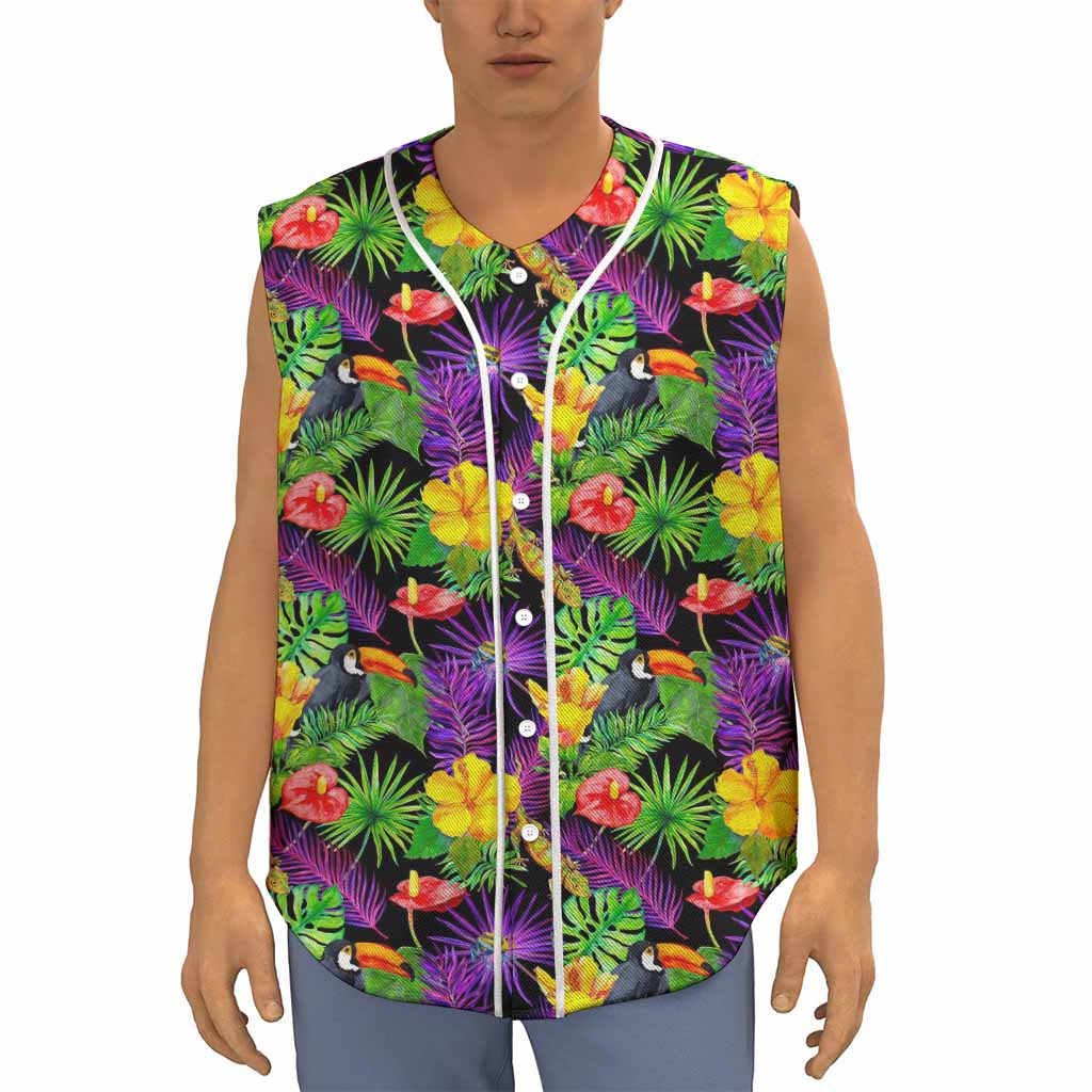 Dark Hawaiian Tropical Pattern Print Sleeveless Baseball Jersey