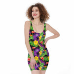 Dark Hawaiian Tropical Pattern Print Sleeveless Bodycon Dress