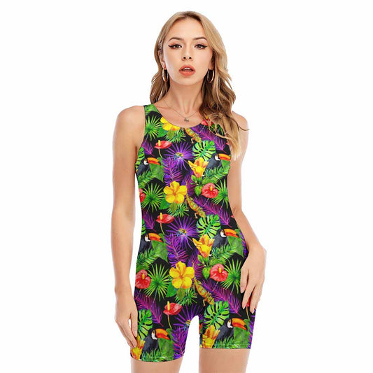 Dark Hawaiian Tropical Pattern Print Sleeveless One Piece Swimsuit