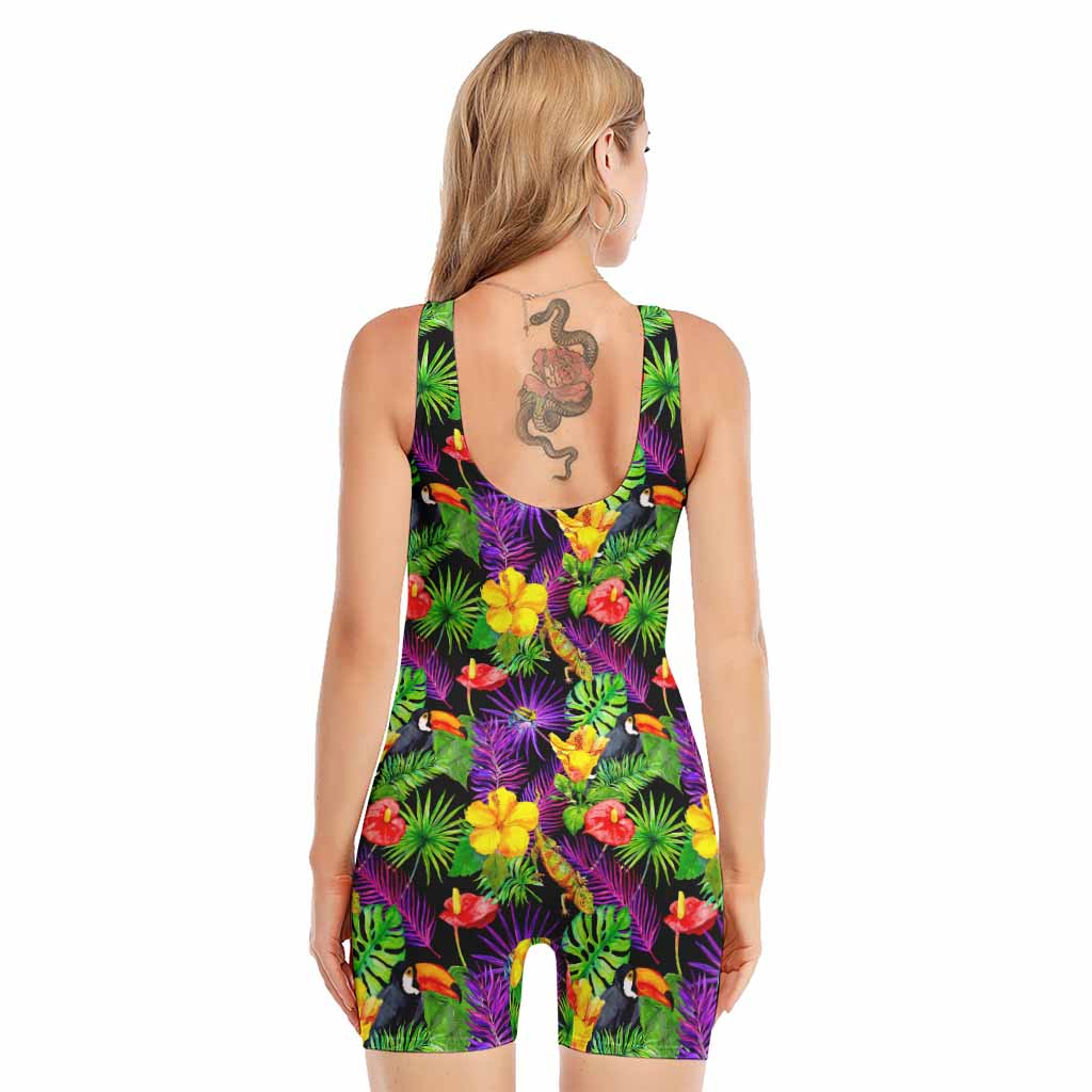 Dark Hawaiian Tropical Pattern Print Sleeveless One Piece Swimsuit