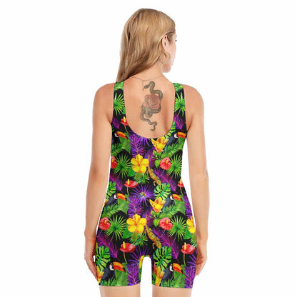Dark Hawaiian Tropical Pattern Print Sleeveless One Piece Swimsuit