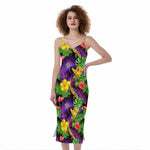 Dark Hawaiian Tropical Pattern Print Slim Fit Midi Cami Dress