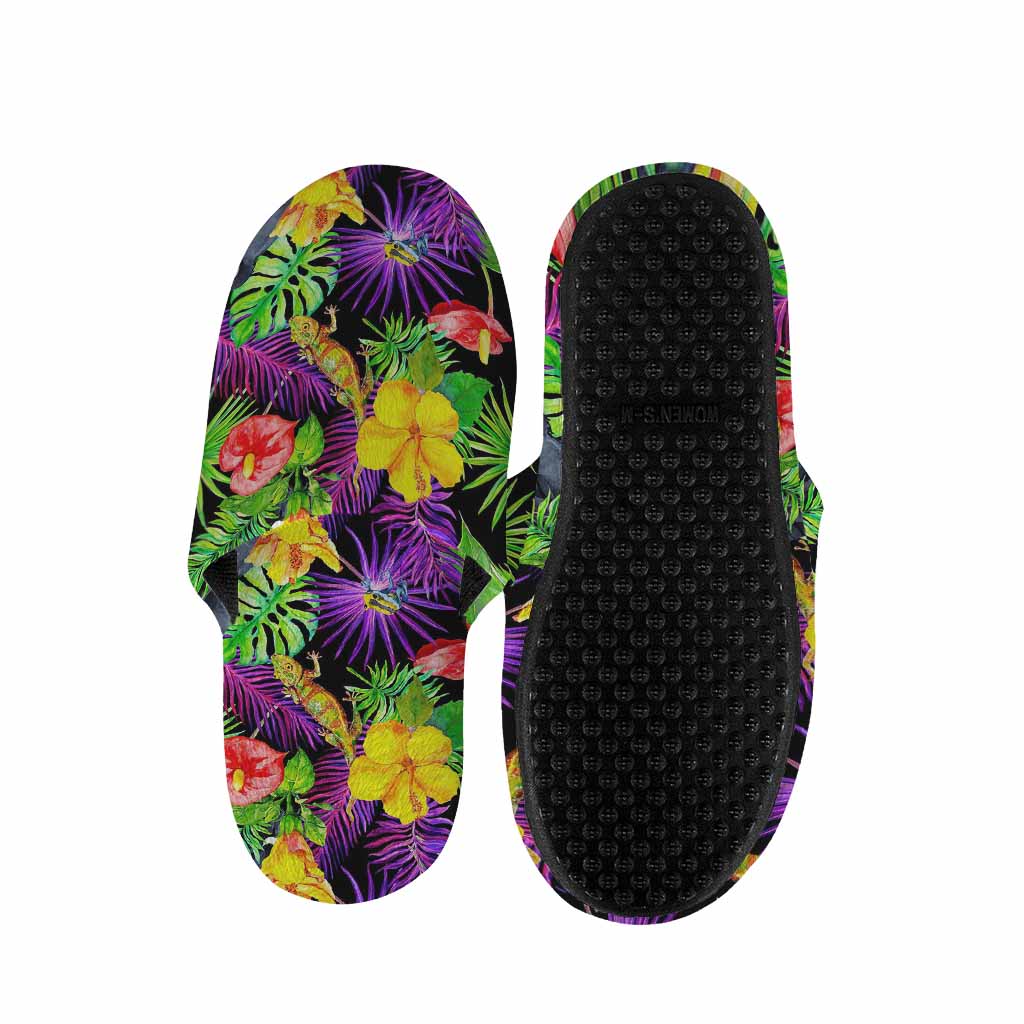 Dark Hawaiian Tropical Pattern Print Slippers