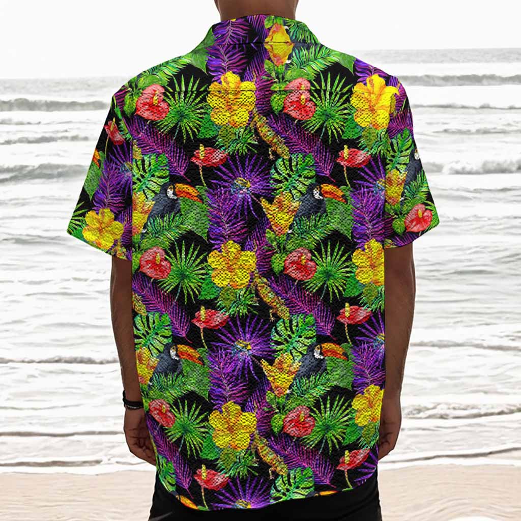 Dark Hawaiian Tropical Pattern Print Textured Short Sleeve Shirt