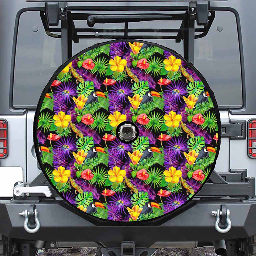 Dark Hawaiian Tropical Pattern Print Tire Cover With Camera Hole