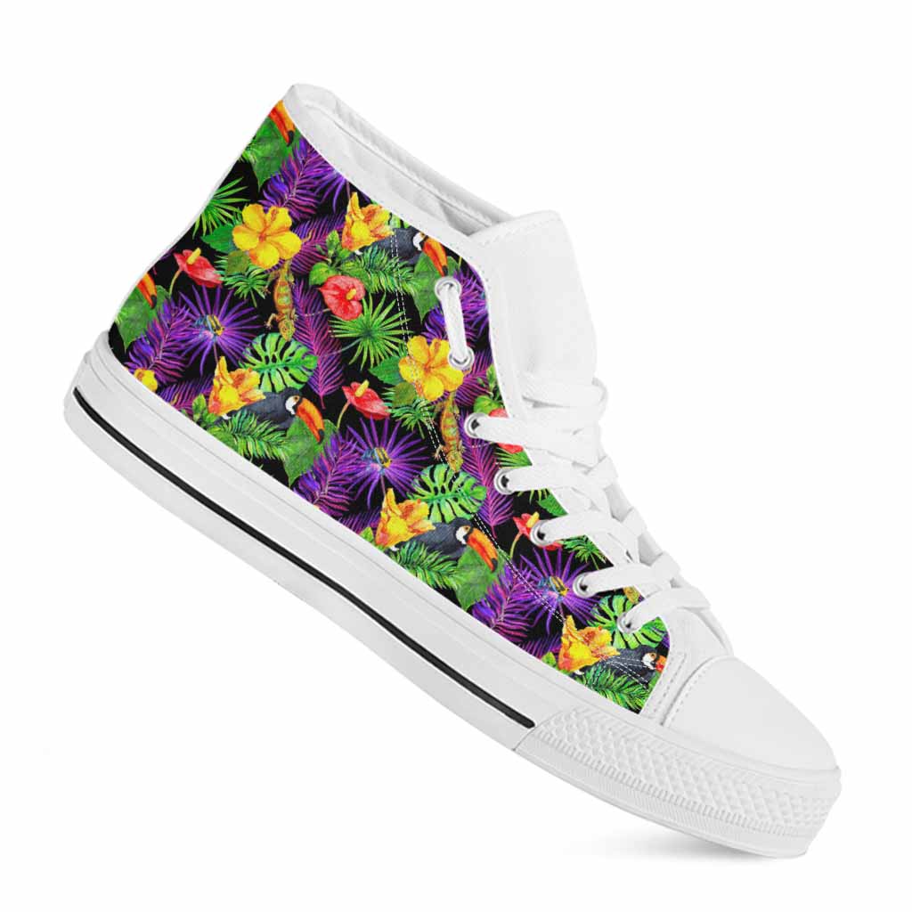 Dark Hawaiian Tropical Pattern Print White High Top Sneakers