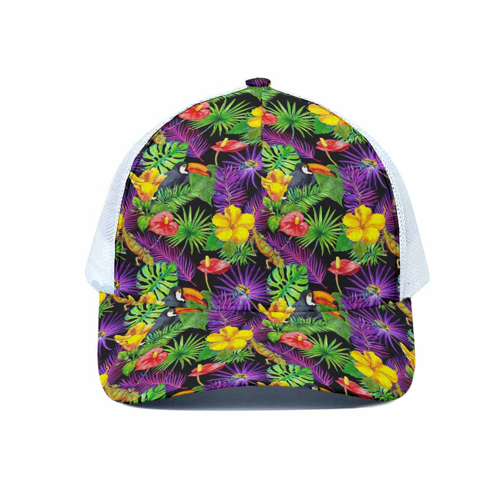 Dark Hawaiian Tropical Pattern Print White Mesh Trucker Cap