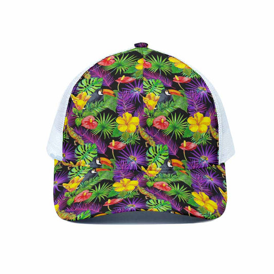 Dark Hawaiian Tropical Pattern Print White Mesh Trucker Cap
