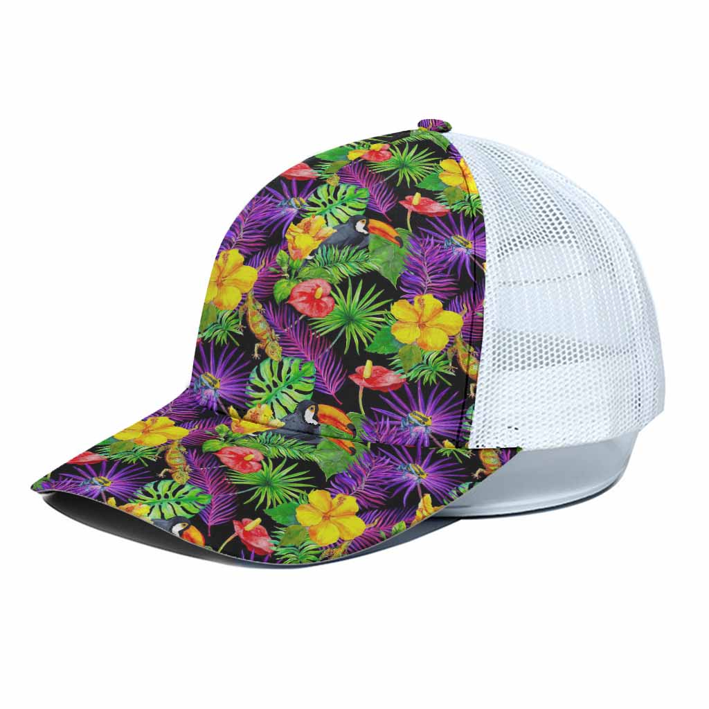 Dark Hawaiian Tropical Pattern Print White Mesh Trucker Cap