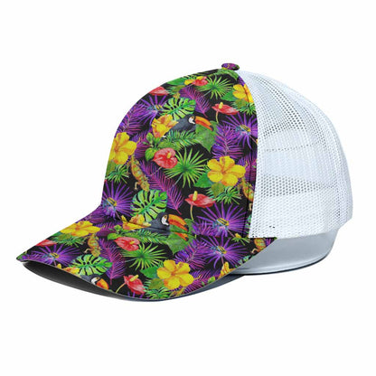 Dark Hawaiian Tropical Pattern Print White Mesh Trucker Cap