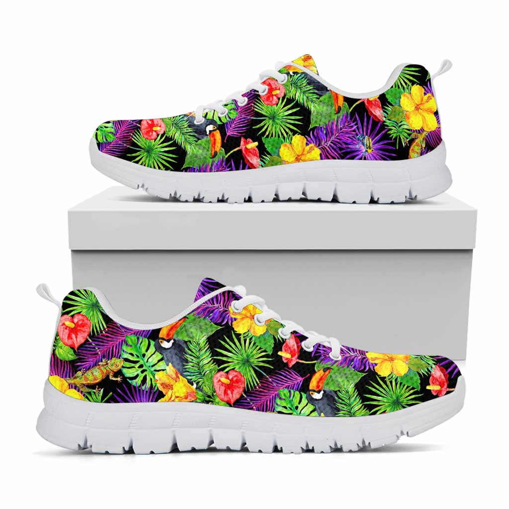 Dark Hawaiian Tropical Pattern Print White Running Shoes