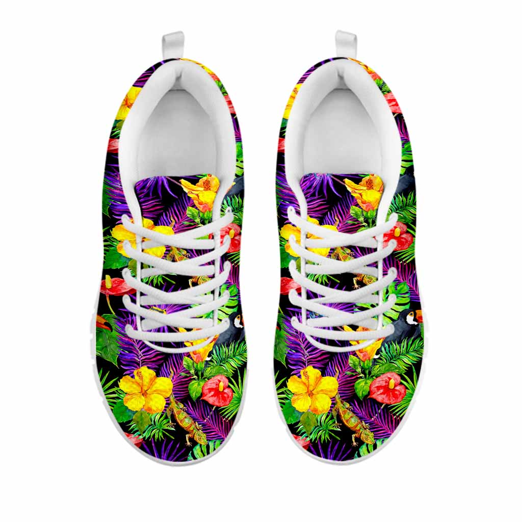 Dark Hawaiian Tropical Pattern Print White Running Shoes