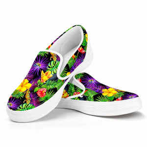 Dark Hawaiian Tropical Pattern Print White Slip On Sneakers