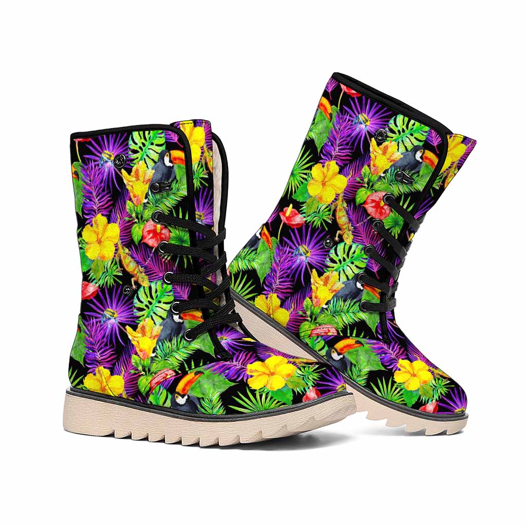 Dark Hawaiian Tropical Pattern Print Winter Boots