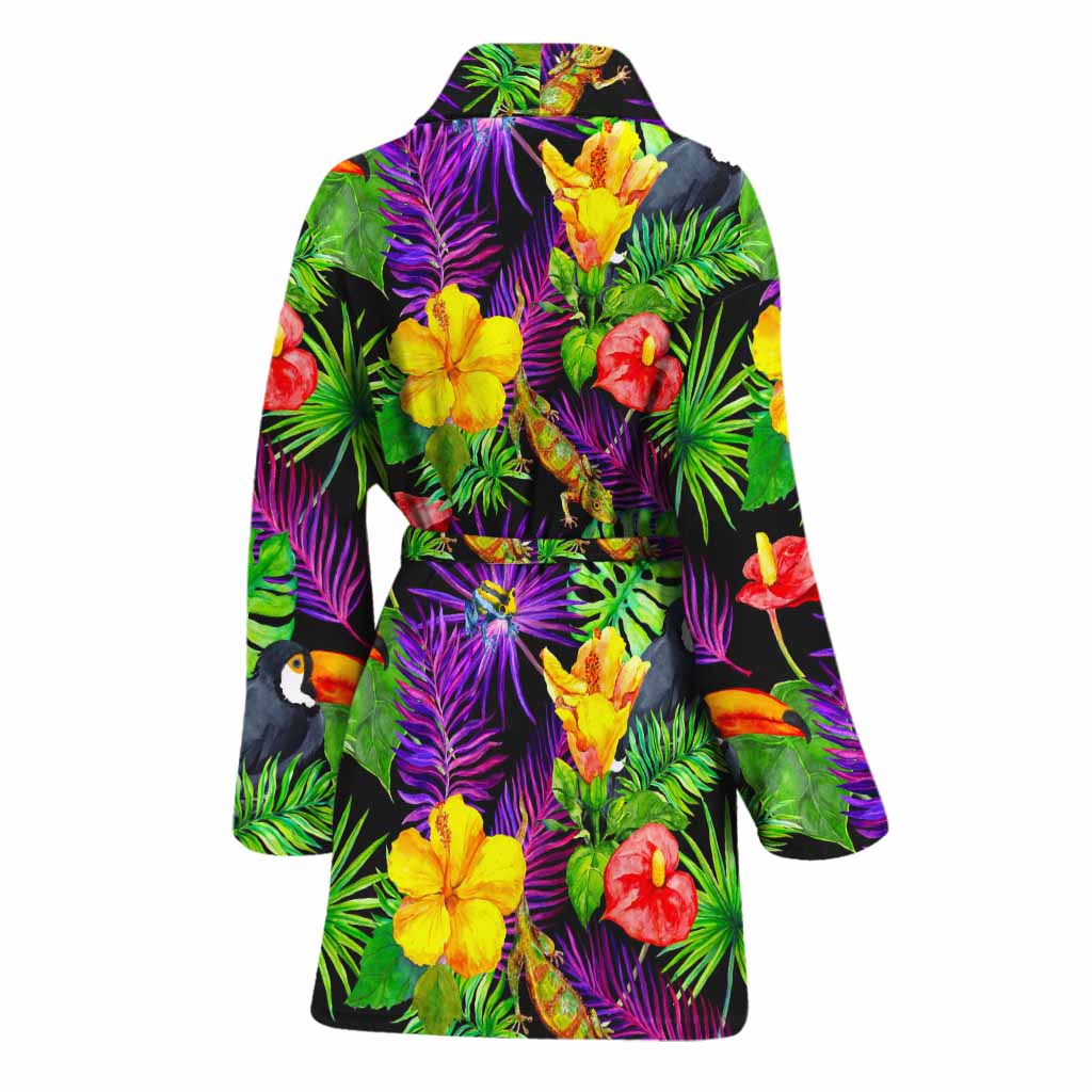 Dark Hawaiian Tropical Pattern Print Women's Bathrobe