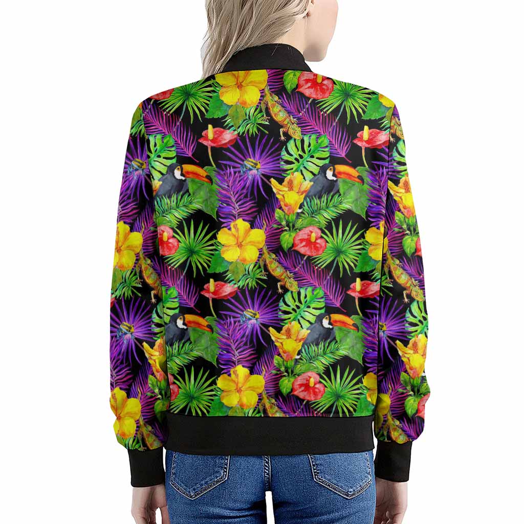 Dark Hawaiian Tropical Pattern Print Women's Bomber Jacket