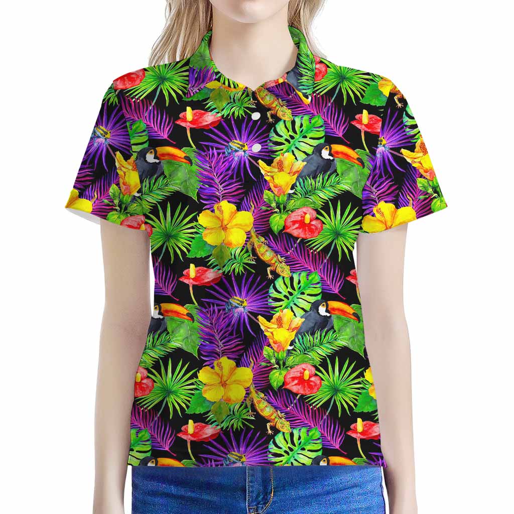 Dark Hawaiian Tropical Pattern Print Women's Polo Shirt