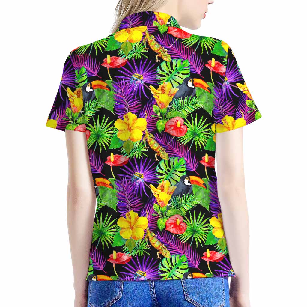 Dark Hawaiian Tropical Pattern Print Women's Polo Shirt