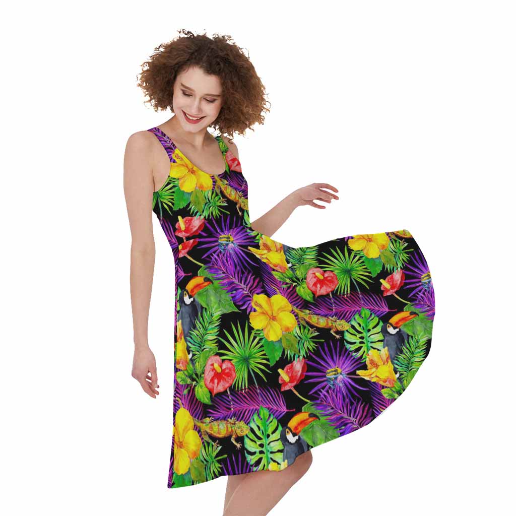 Dark Hawaiian Tropical Pattern Print Women's Sleeveless Dress