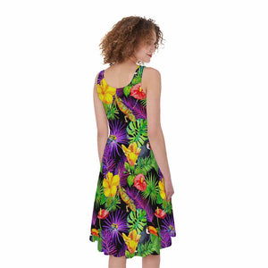 Dark Hawaiian Tropical Pattern Print Women's Sleeveless Dress