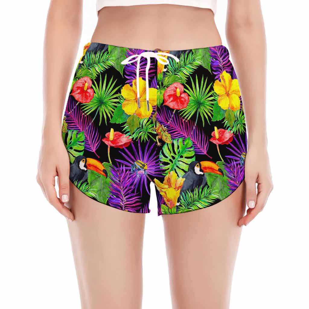 Dark Hawaiian Tropical Pattern Print Women's Split Running Shorts