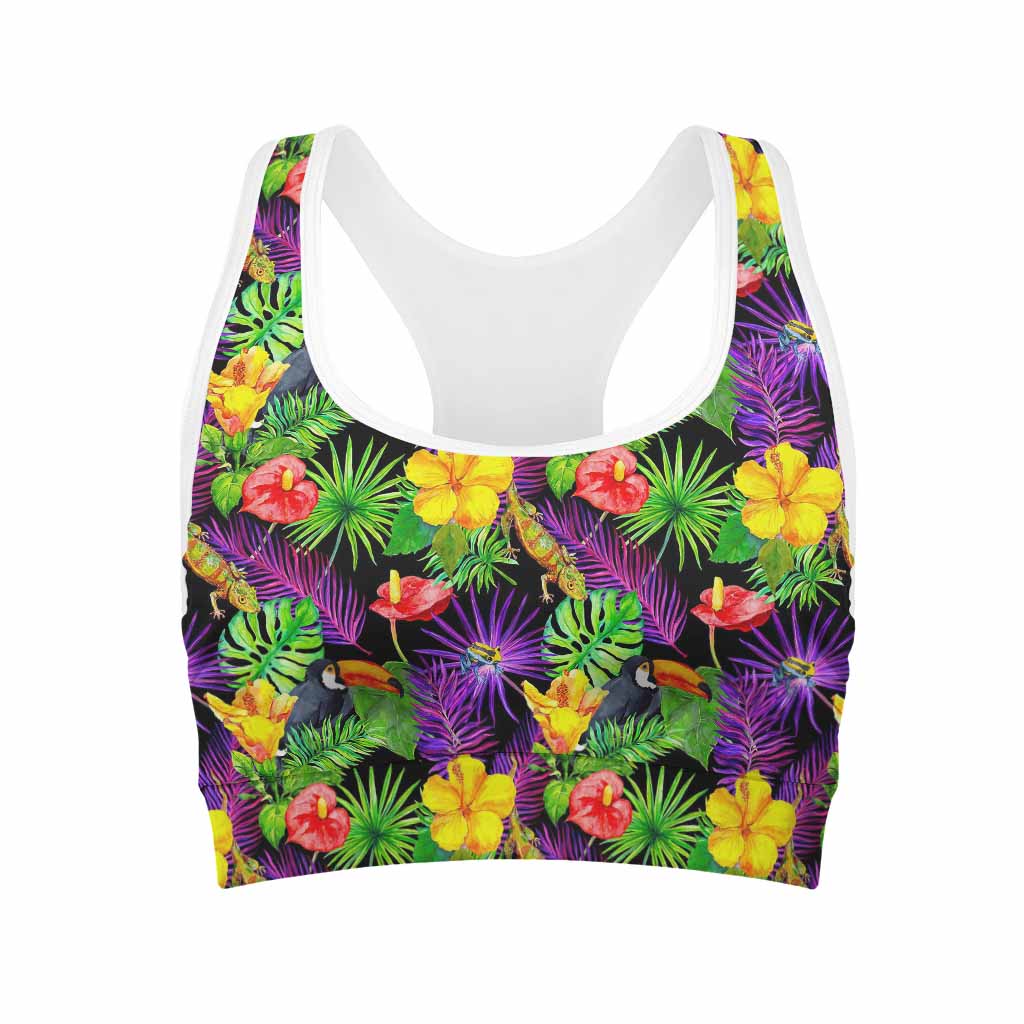 Dark Hawaiian Tropical Pattern Print Women's Sports Bra