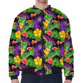 Dark Hawaiian Tropical Pattern Print Zip Sleeve Bomber Jacket