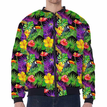 Dark Hawaiian Tropical Pattern Print Zip Sleeve Bomber Jacket