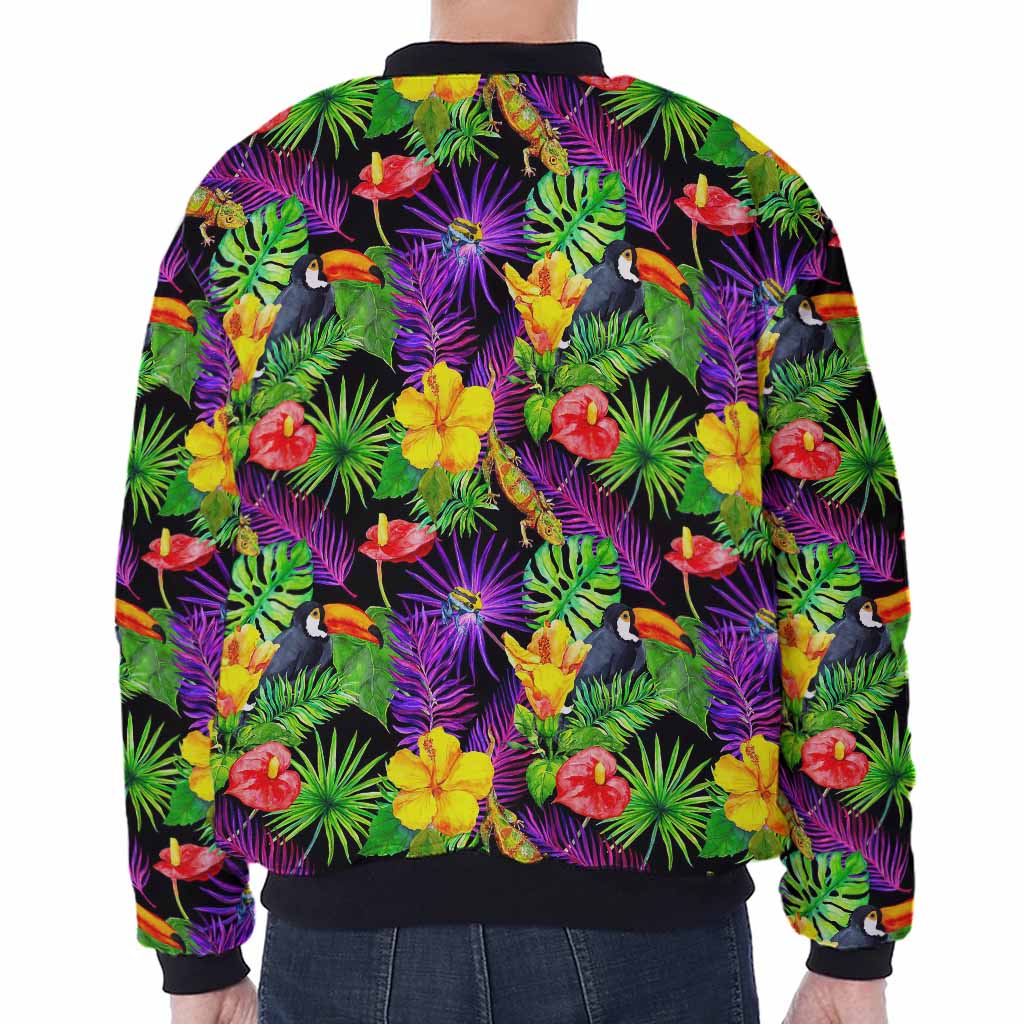 Dark Hawaiian Tropical Pattern Print Zip Sleeve Bomber Jacket